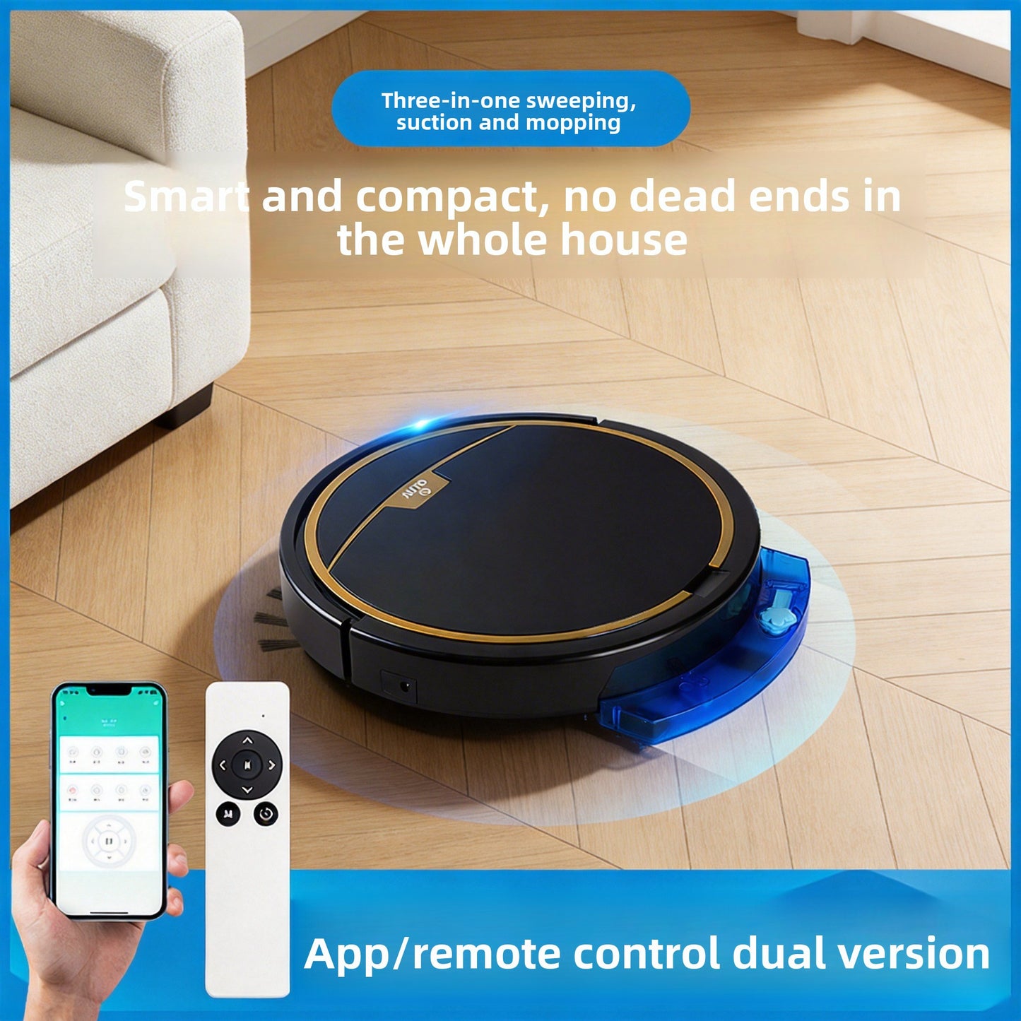 White robot vacuum shown with companion smartphone app control