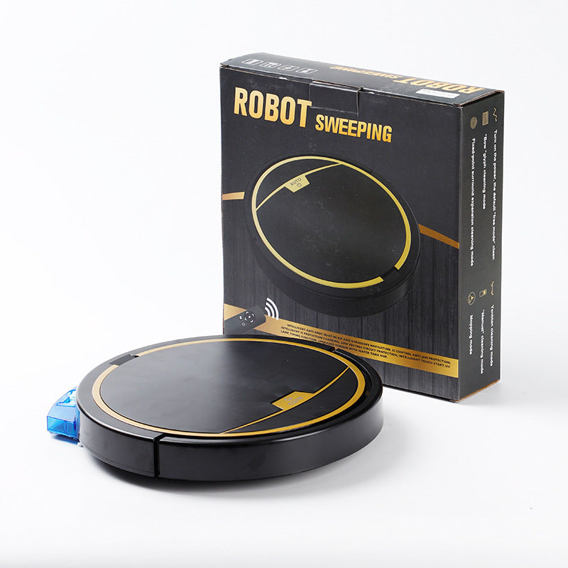 Black robot vacuum shown with companion smartphone app control